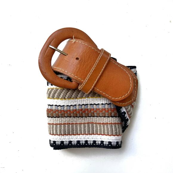 70s Boho Woven Waist Belt | Earthy Stripes Leather Buckle Cottagecore | USA Made - Picture 1 of 11